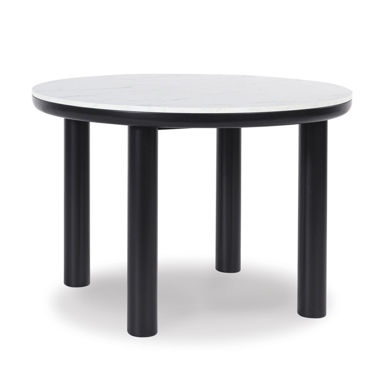 45 Inch Round White Marble Top Dining Table with Black Wood Legs