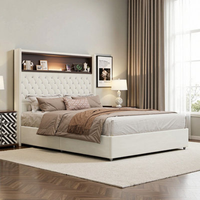 Structure de lit grand en velours avec port USB et veilleuse - tête de lit capitonnée à oreilles 52 po, tablette de rangement, lit plateforme de luxe beige