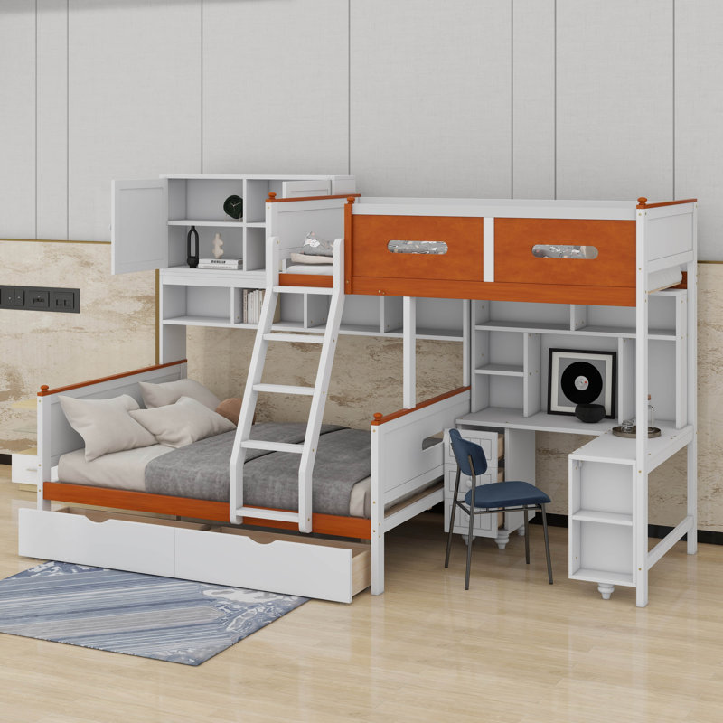 Lit superposé simple au-dessus d'un lit double en bois avec bureau, tiroirs, éclairage à DEL, tablettes et armoire