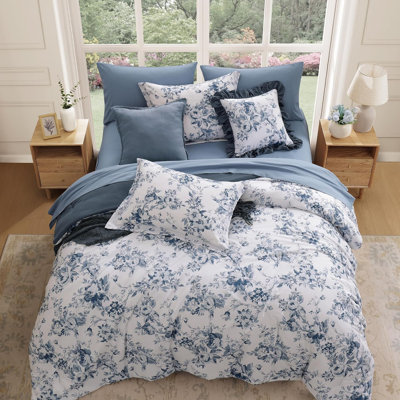 Delphine Floral Print Microfiber Comforter Bedding Set, Complete 7 Piece Queen Size Bed Set for Romantic Bedroom Decor