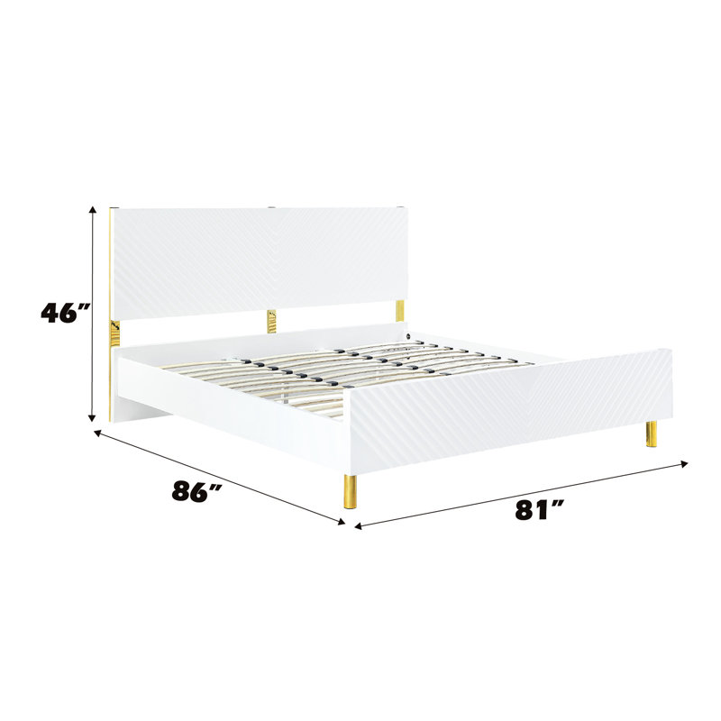 Lit Ek au fini blanc ultrabrillant - pas de sommier tapissier nécessaire, structure entièrement en kd, motif ondulé, 39 lattes, 4 pieds en métal, 660 lb