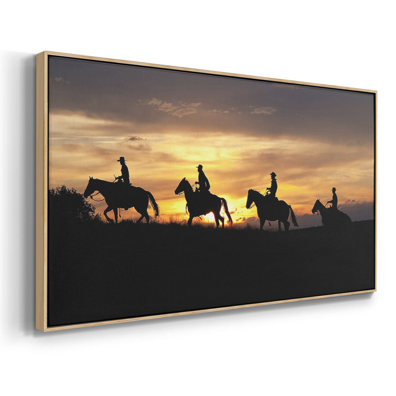 Sunset Cowboys - Toile tendue avec châssis encadré - Prêt à être accroché, H 21 po x l 41 po, Naturel