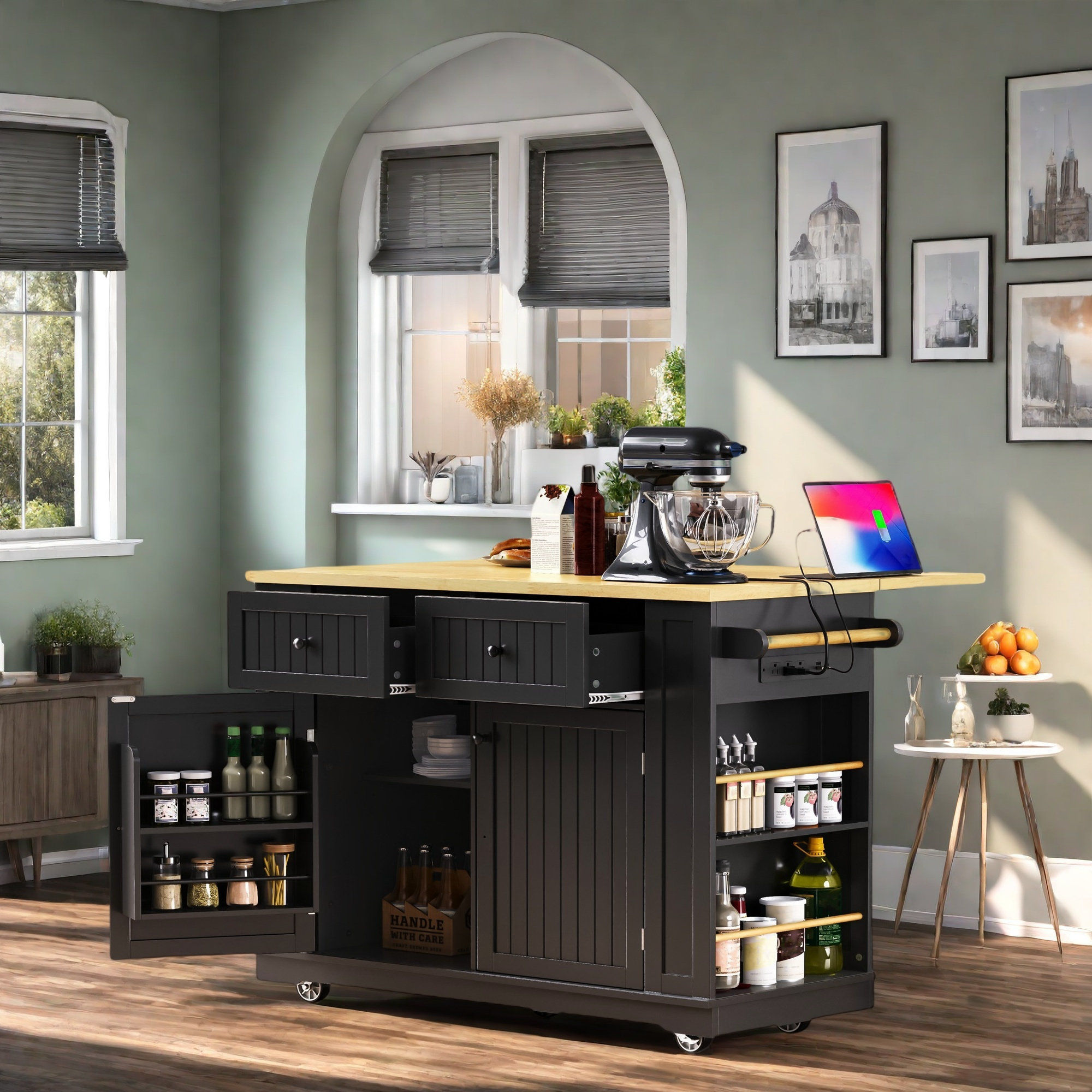 Lark Manor™ Large Rolling Kitchen Island With Drop Leaf, Power Outlet ...