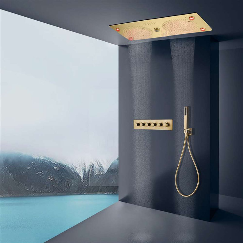 Cesena Brushed Gold Thermostatic Recessed LED Rainfall Shower System with Bluetooth Hand Shower