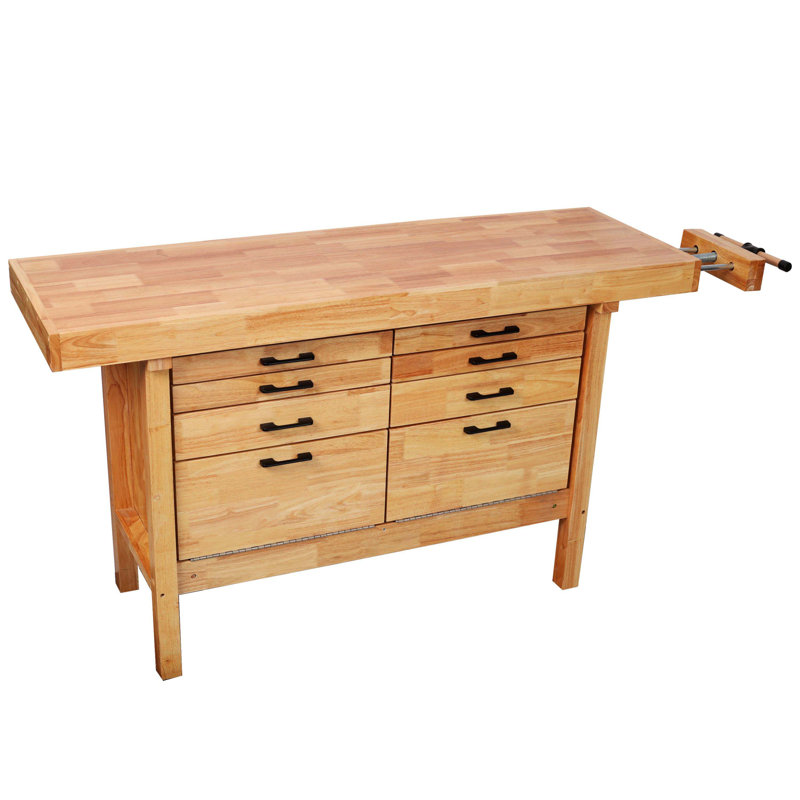 Établi en bois d'hévéa massif 62 1/2 po avec 8 tiroirs et étau intégré pour le travail du bois en atelier