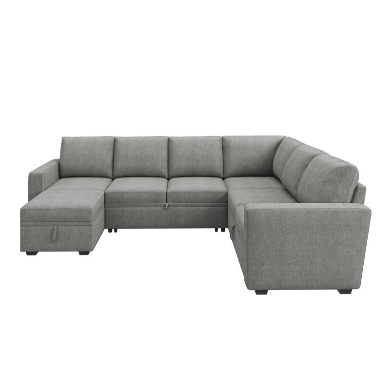 Latitude Run® U Shaped Sleeper Sectional Modular Sofa Bed With Storage Chaise, Light Gray Polyester