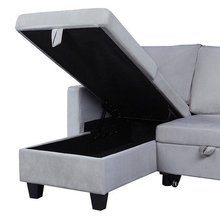 Canapé-lit modulaire réversible en velours de 82,5 po avec méridienne de rangement, Gris clair