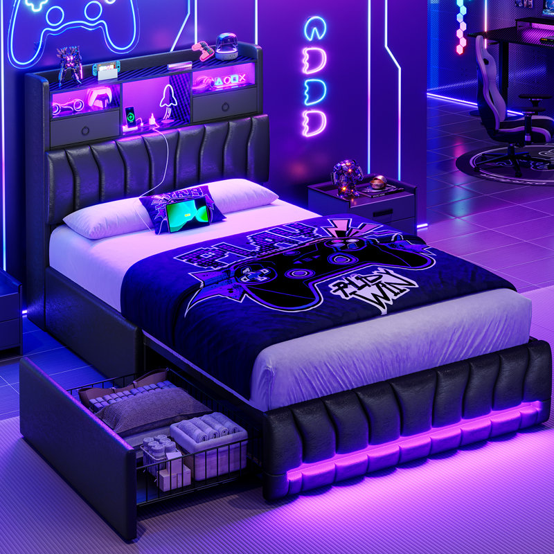 Twin Bedroom Bed Frame With Hidden Storage Headboard And Two Large Drawers; Gaming Bed With Rgb Lighting And Charging Station; Leather Upholstered Platform Bed; E-sports Style Bed; No Spring Mattress Required; Black.