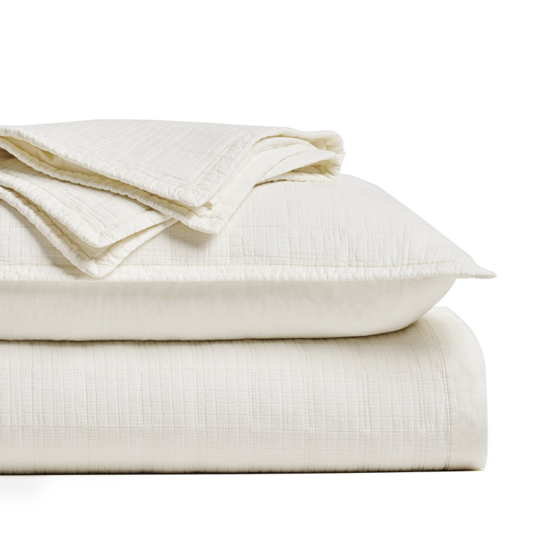 Stonewashed Crinkle Cotton Box Stitch Quilt Set, Ivory White, Queen Quilt + 2 Queen Shams