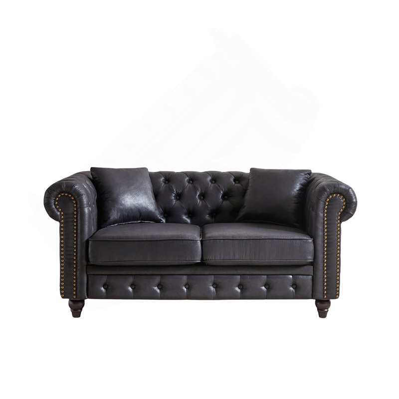 63.5" Contemporary Design Chesterfield Sofa, Tech Fabric Button Design Living Room Sectional, Button Tufted With Nail Design Arms With 2 Pillows, Upholstered Upholstery And Wooden Legs
