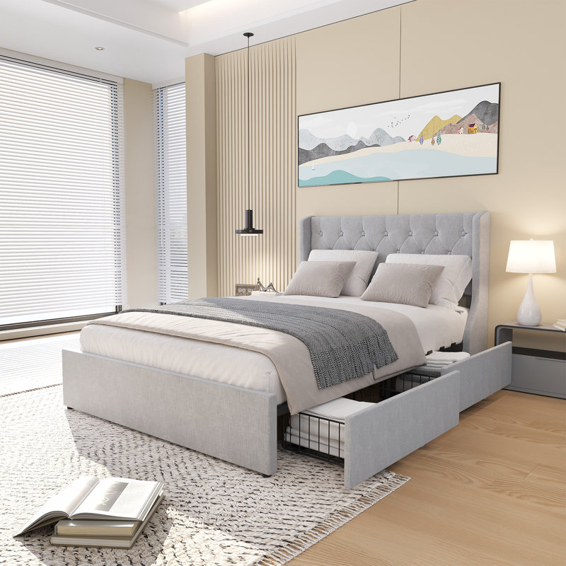 Taille de lit avec 4 tiroirs de rangement et tête de lit à oreilles, conception capitonnée, Gris, Lit double