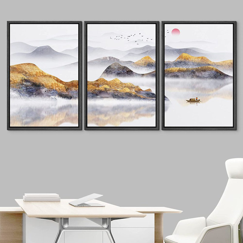 «Abstract Landscape Ocean Mountain Range», peinture sur toile flottante 3 pièces, Cadre noir, H 24 po x l 48 po