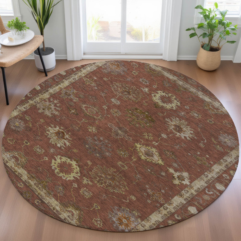 Machine Washable Indoor/Outdoor Xhevrie Paprika Rug, Round 8'