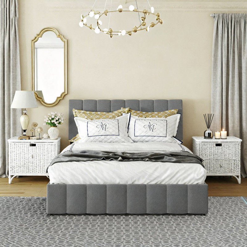 Grand lit plateforme tapissier, gris