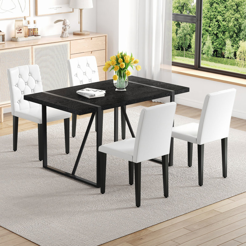 Ensemble de table de salle à manger 5 pièces en bois, table rectangulaire avec 4 chaises capitonnées, Blanc