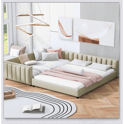 Upholstered Platform Bed, Mother  Child Bed with PU Leather, Adjustable Safety Rails, and Dual Sleeping Solution