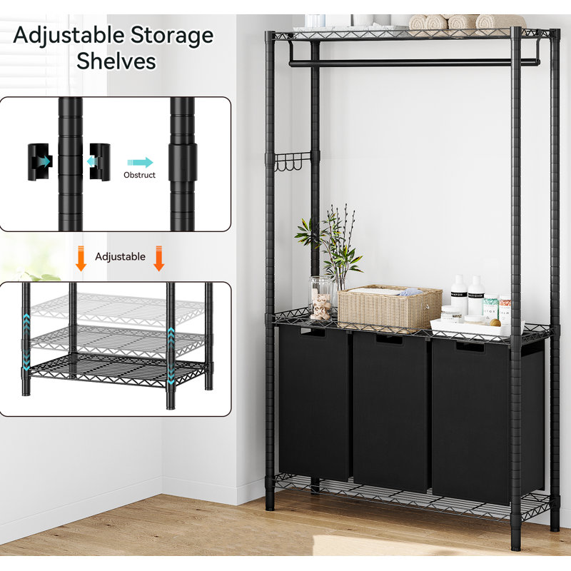 Laundry Sorter 3 Section Laundry Hamper Sorter With Garment Rack