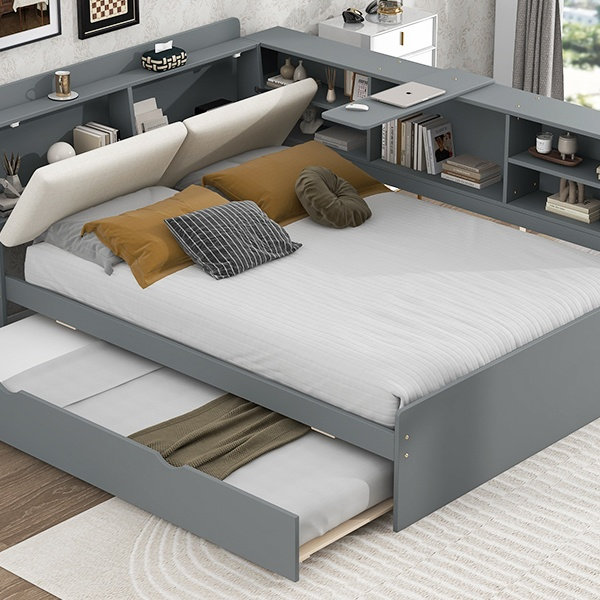 Lit plateforme en bois avec lit gigogne, tablettes et tête de lit en bois, Gris