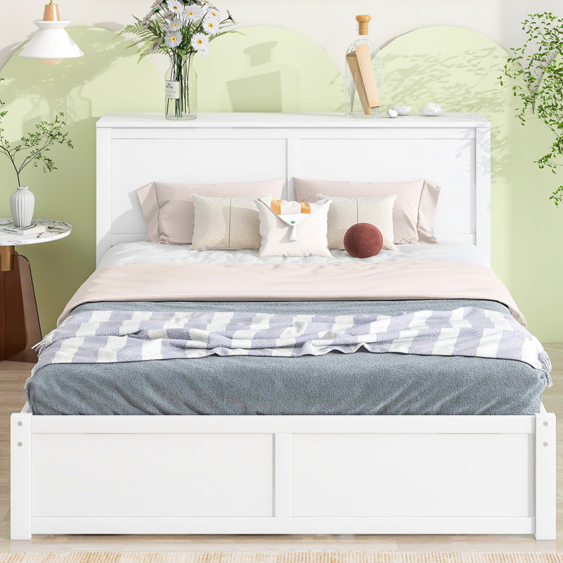 Grand lit de rangement blanc avec tablettes coulissantes et lit gigogne simple TG - Bois massif robuste, lit gigogne de 80,7 po x 61 po, chambre