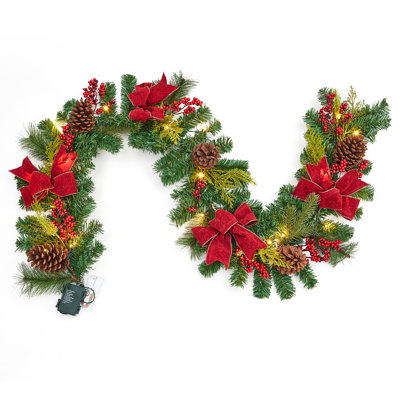 Guirlande 6 pi avec 20 lumières DEL, guirlande de Noël artificielle avec pommes de pin, baies rouges et arcs