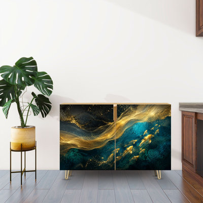 Sideboard Buffet Cabinet with Storage Golden Fish Swimming Under Abstract Golden Wave Vibrant Underwater with 2 Doors for Living Room and Kitchen