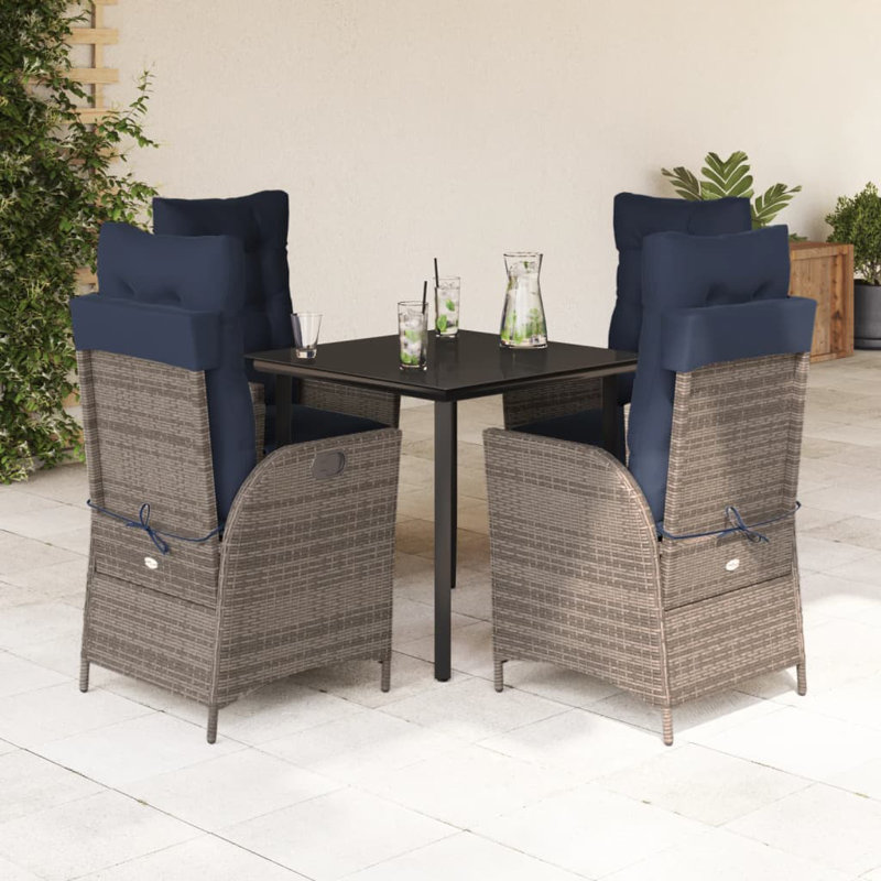 Vidaxl Patio Dining Set With Cushions Poly Rattan, Square Table, Light Brown/Navy, 4, 29.1" H x 31.5" W x 31.5" D
