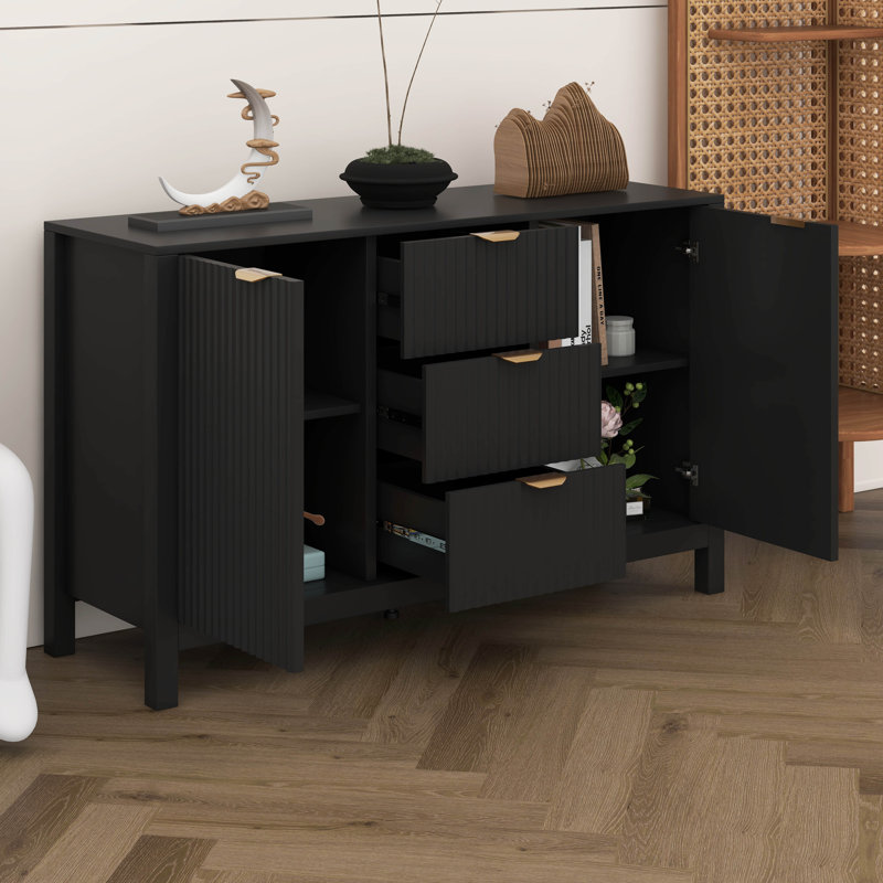 Buffet Wave Design avec 3 tablettes réglables, armoire d'entrée, 3 tiroirs et portes à fermeture en douceur, Noir