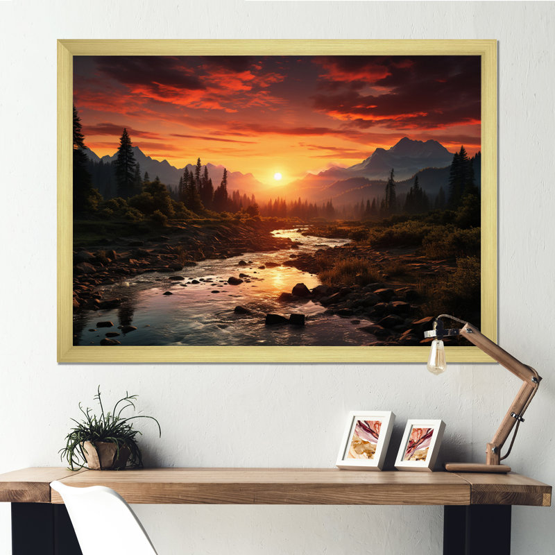 «Sunrise Morning At The River - Sunrise & Sunset», art mural, H 34 po x l 44 po x P 1,5 po, Cadre doré simple