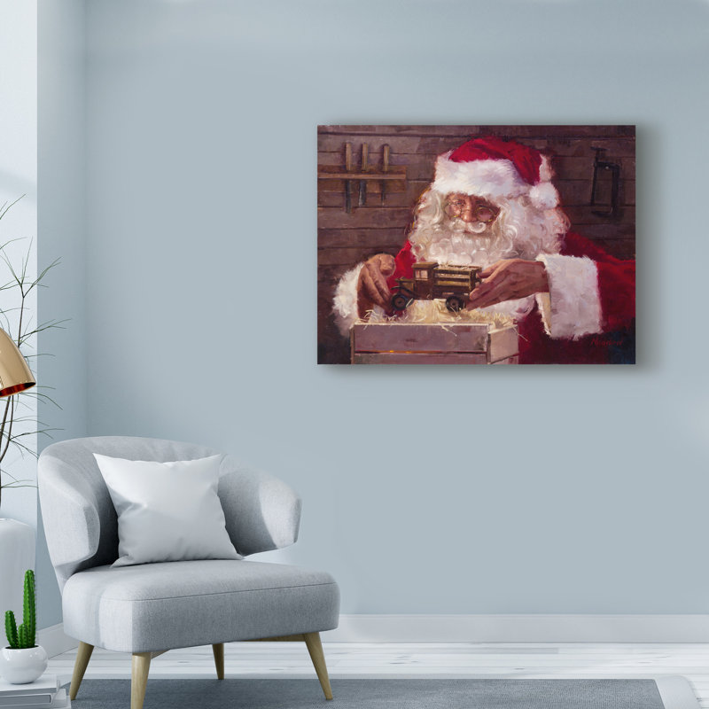 « pères noël workshop inspection », reproduction de peinture à l’acrylique sur toile tendue, H 14 po x l 19 po x P 2 po