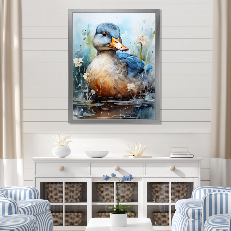 «Blue Duck», aquarelle, H 20 po x l 12 po x P 1 po, Cadre simple argenté