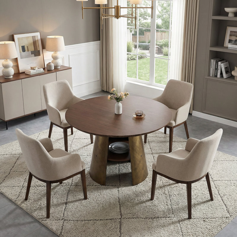 47.25" Retro Round Dining Table with MDF Tabletop and Bronze Metal Frame, Brushed Walnut Finish, Seats 4-6