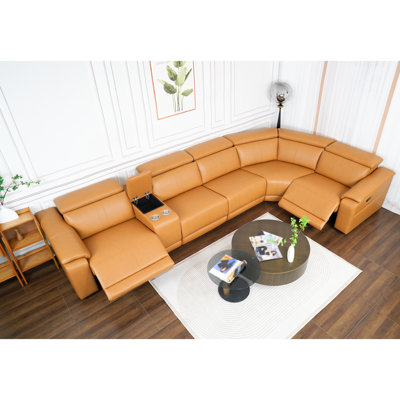 Canapé d'angle modulaire 6 pièces en cuir brun avec 2 porte-gobelets, confortable pour le salon, rembourrage haute résilience, fonction relax électrique