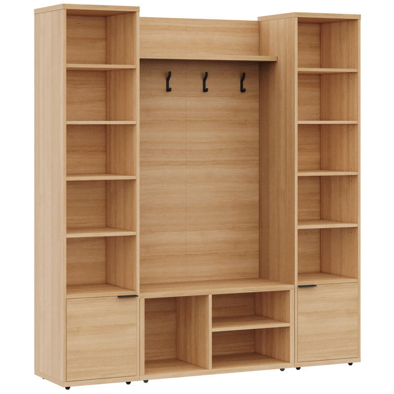 Porto Entryway Wall-Mounted Coat Rack with Shelf with Storage Bench and 2 Storage Towers, Beige