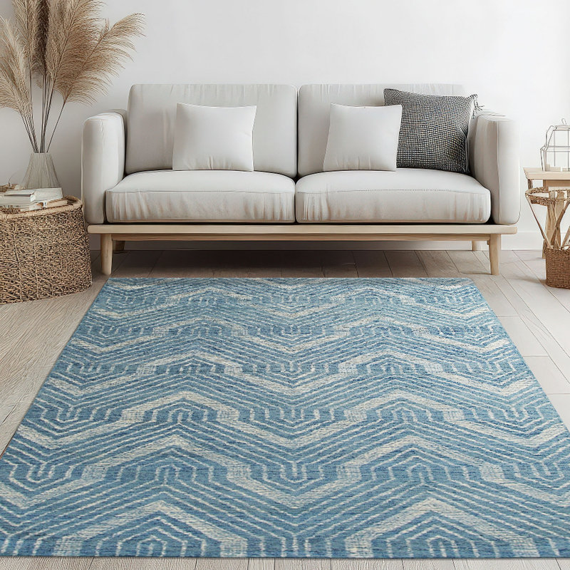 Hand Tufted Wool Geometric Area Rug in Blue, 5' x 8'
