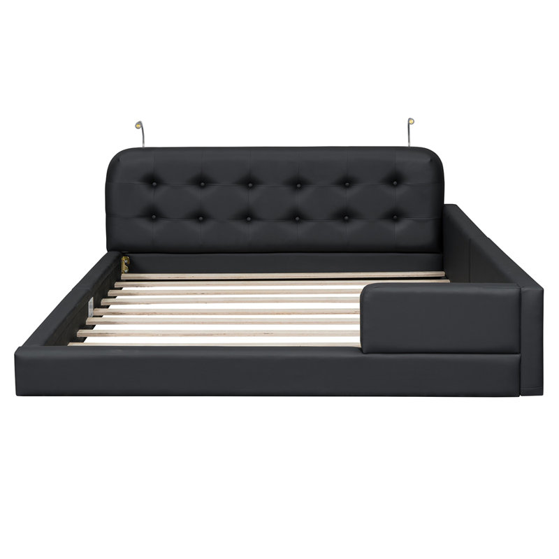 Grand lit plateforme tapissier avec 2 lampes de lecture, noir