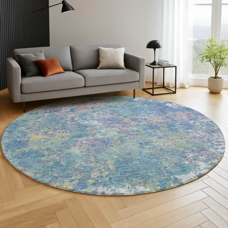 Premium Machine Washable Mayfield abstract Rug, Aqua, 8' Round