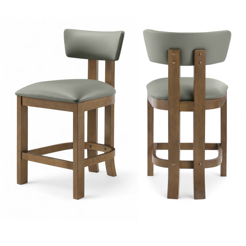 Tabouret de comptoir rembourré en cuir Phalan, Noyer teinté, Cuir olive végétalien