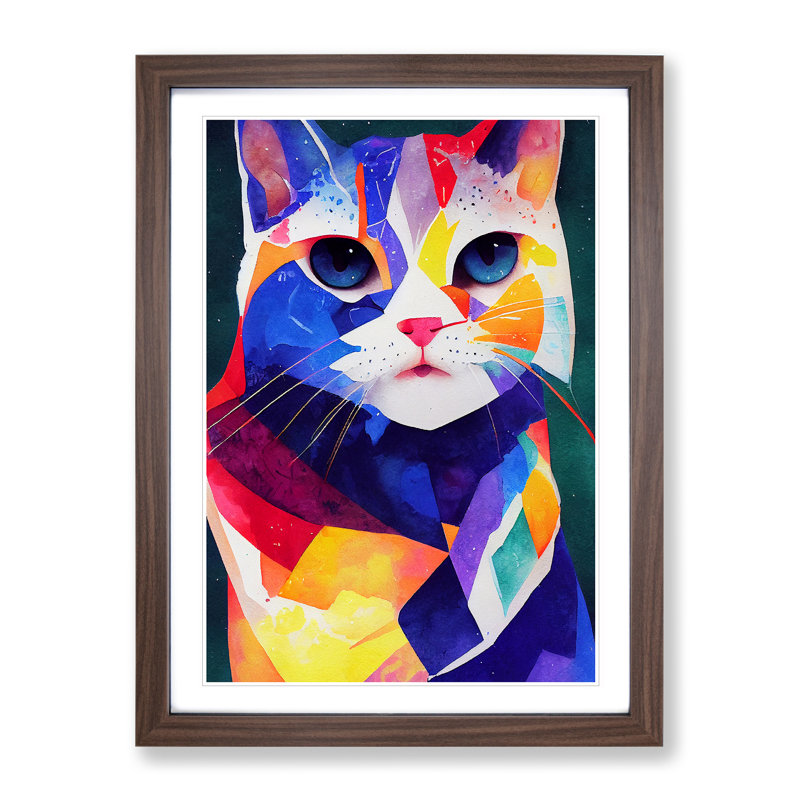 Colourful Cat No.2 Abstract - Wall Art, 36cm H x 27cm W x 2cm D, Walnut Framed, White