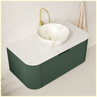Meuble-lavabo flottant 36 po avec lavabo, armoire de rangement en contreplaqué rayé à bords arrondis avec tiroir, vasque en céramique blanc mat et plateau en pierre frittée, pré-assemblé, vert foncé