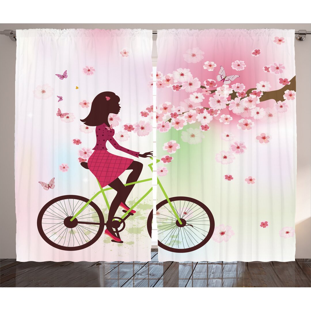 Rustikaler Vorhang, Kirsche Bloom Lady Bike, Feminin, Grün Rosa