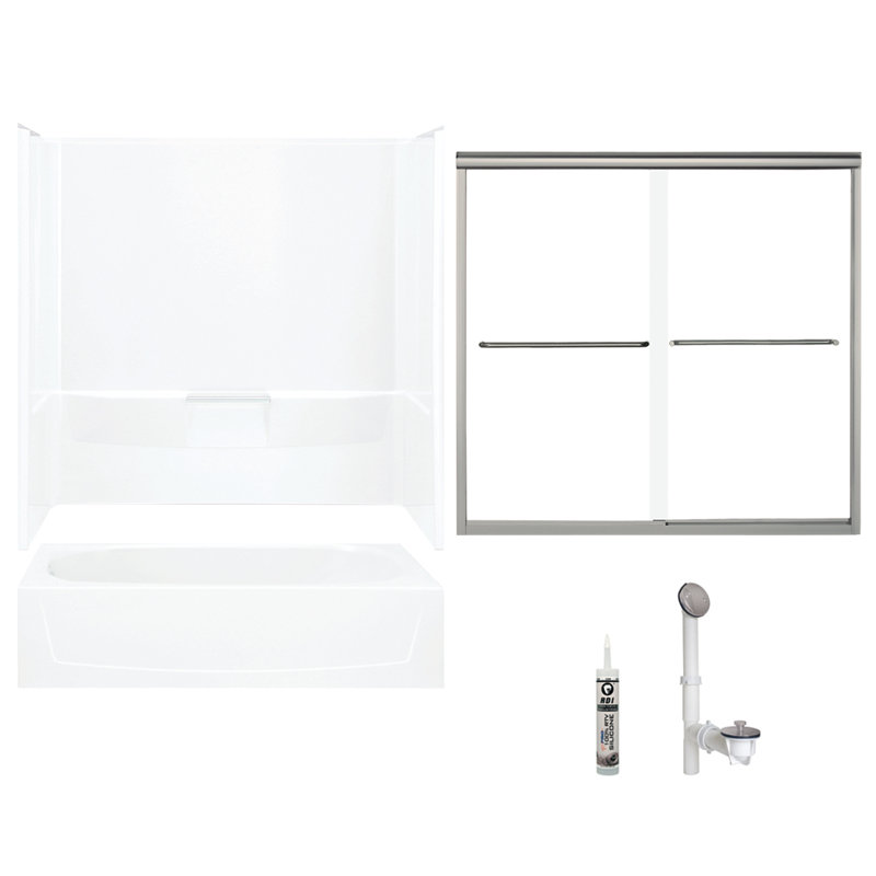 Ensemble de baignoire et douche rectangulaire sans cadre de 60 po x H 75,75 po avec porte-serviettes et base inclus, Nickel