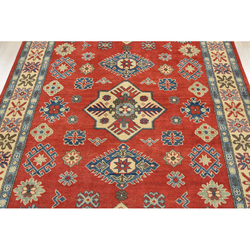 Tapis unique en laine noué à la main de style Kazak rouge de 5 pi 2 po x 6 pi 7 po