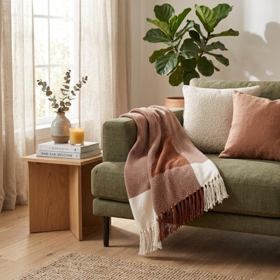 Jeté rayé en coton tissé orange brûlé