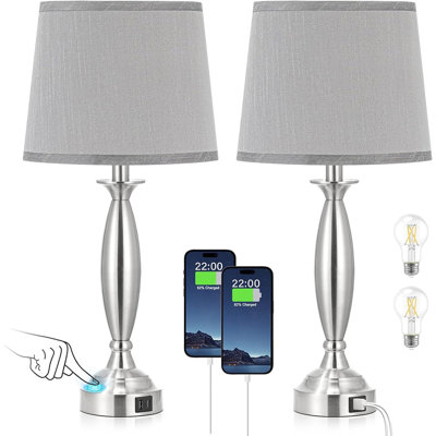 Bedrooms Touch Control Bedside Lamp With USB C+A, 3 Way Dimmable Nightstand Lamps With USB Port, Brushed Nickel Table Lamp For Living Room Guest Room Bed Side End Table, Set Of 2