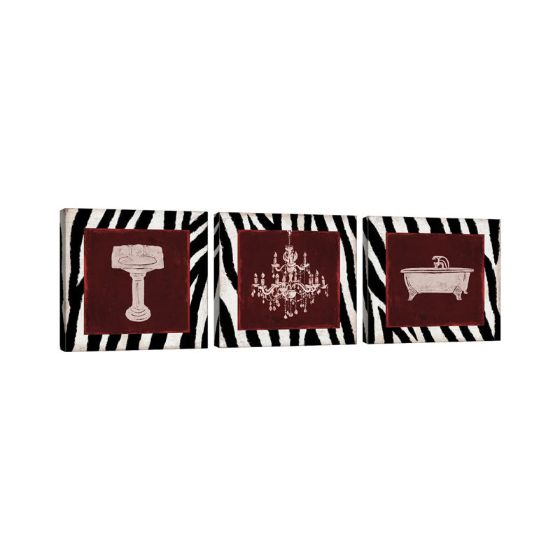 Crimson Safari Bath Triptych - ensemble d'art mural sur toile tendue (ensemble de 3)