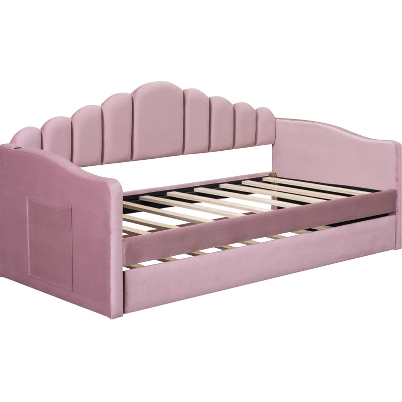 Élégant lit de jour simple en velours rose avec couchette et charge, peu encombrant, sans couchette tapissier, ports de charge, canapé-lit, solution