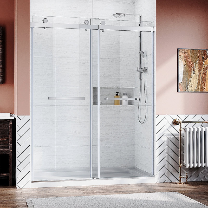 Frameless Sliding Shower Glass Door 56-60 in.W x 76 in. H,3/8"(10mm) Thick Clear Tempered Glass,Heavy Duty Stainless Steel Hardwares,Brushed Nick
