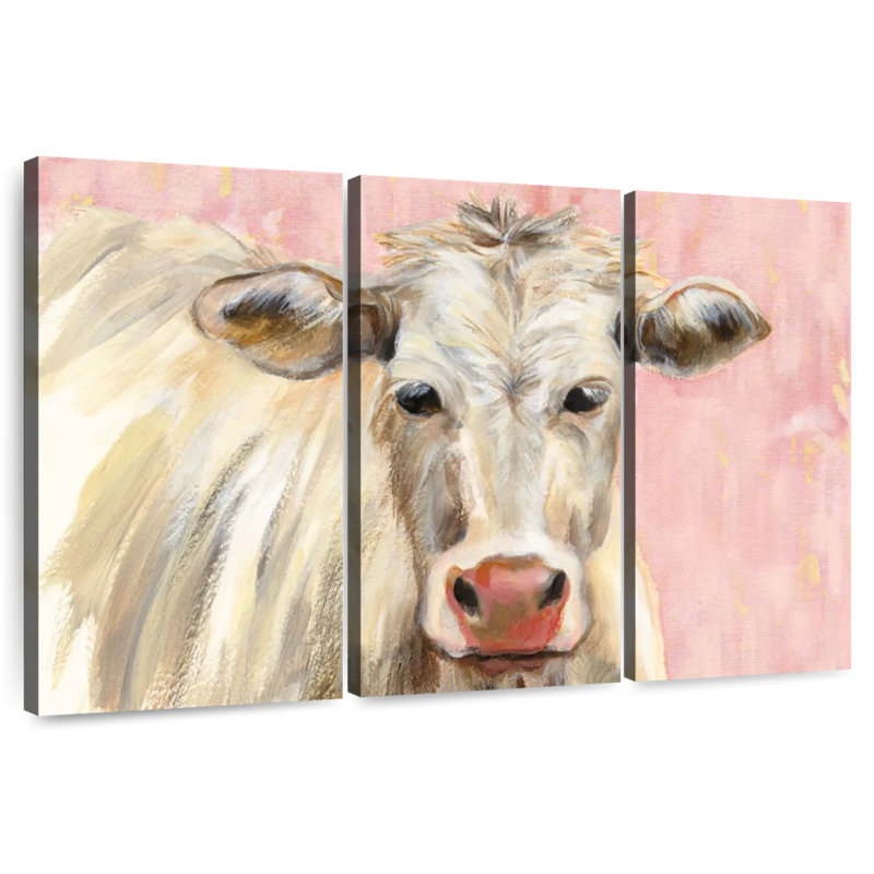 Vache blanche Brampt sur fond rose, H 48 po x l 74 po