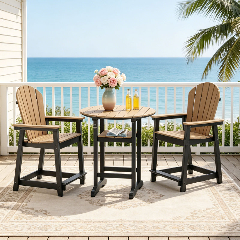 3-Piece Patio Bar Set, Outdoor HDPE Adirondack Chairs With Table, Black/Brown