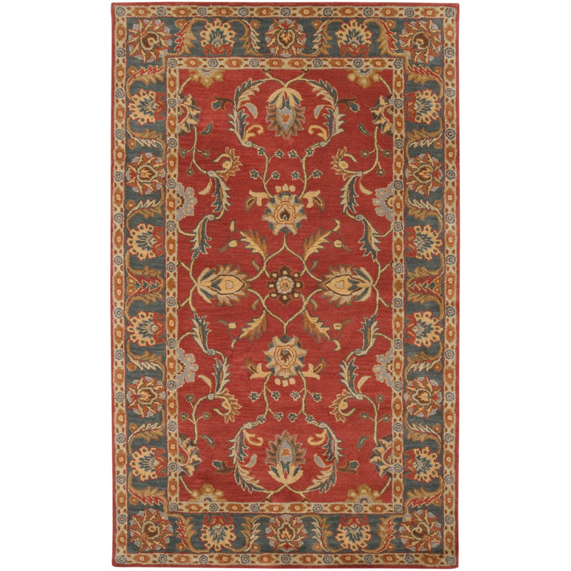 Tapis oriental en laine rouge brique, bleu marine et moutarde touffeté à la main Buckhill, Rectangle 5 pi x 8 pi